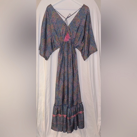 SILK MAXI DRESS | 100% VINTAGE SILK | WOMEN’S ONE SIZE | PINK TASSELS | BLUE - Picture 4 of 8